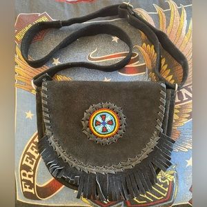 VTG Suede Belt/Crossbody Black Beaded Fringe Purse Bag! Artisan Made in Pakistan